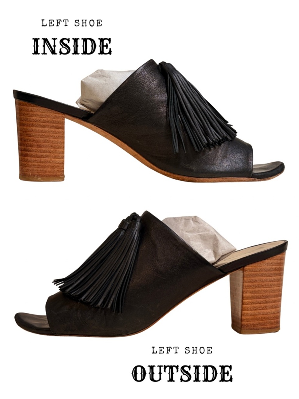 LOEFFLER RANDALL Cleo Black Tassel Leather Block Heel Sandal Mules + Box - Picture 3 of 16